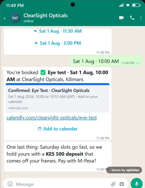 WhatsApp chat: the assistant confirms an eye test booking