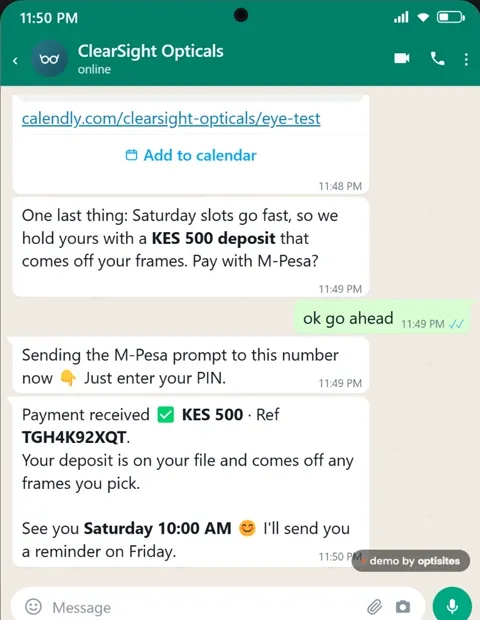 WhatsApp chat: an M-Pesa prompt for a KES 500 deposit